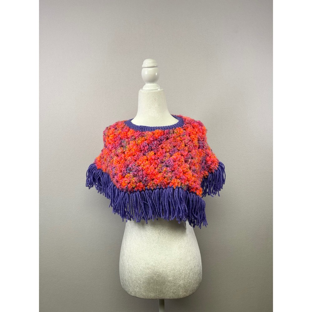 Crochet Poncho Kids One Size Orange Purple Fringe Popcorn Knit Capelet